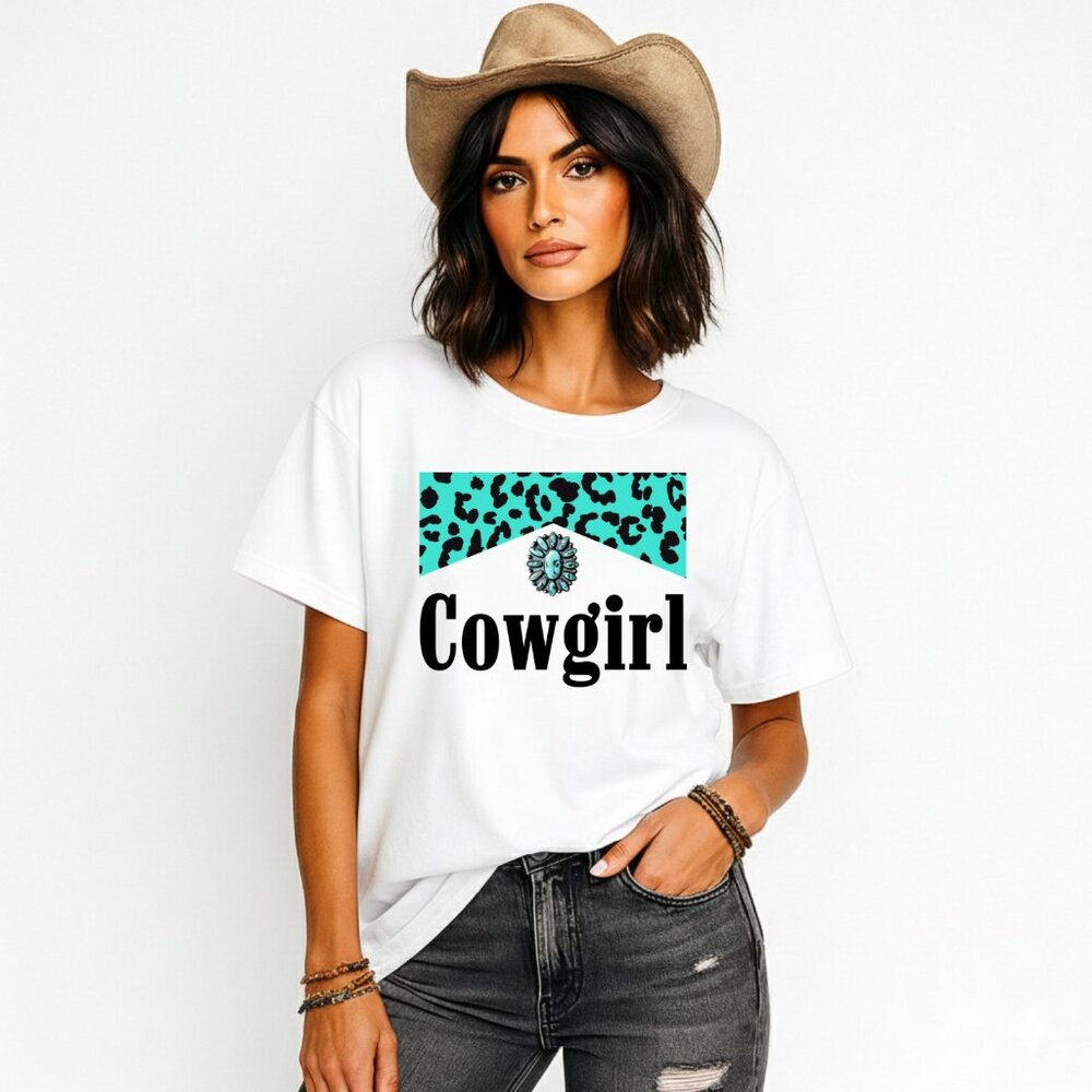 Coastal Cowgirl T-Shirt Western Turquoise Leopard Graphic Tee Desert Boho Retro